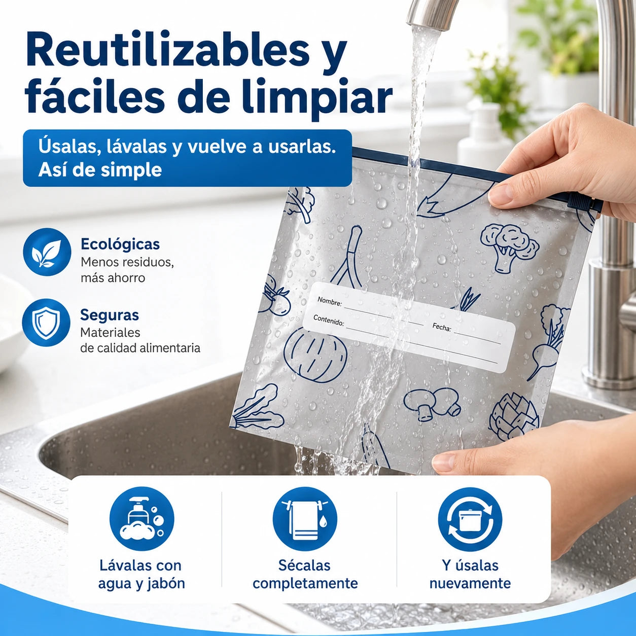 Bolsas reutilizables fáciles de limpiar