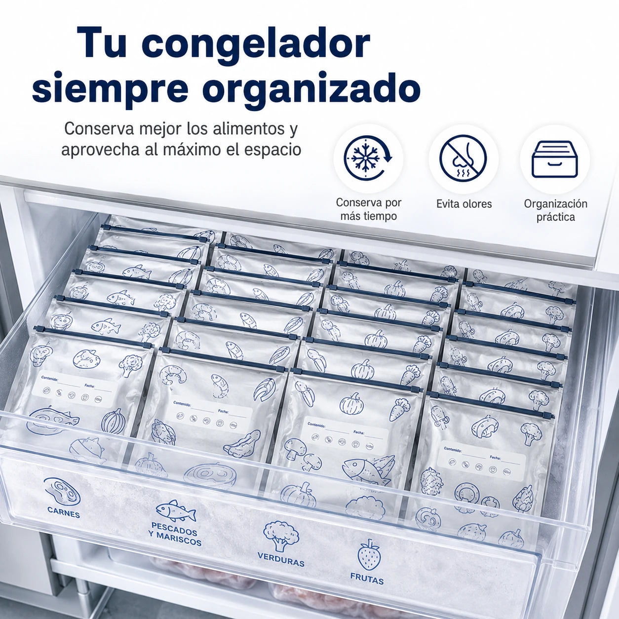 Congelador organizado con bolsas reutilizables